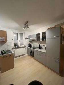 cocina con electrodomésticos de acero inoxidable y nevera blanca en Apartment Fulda-Ufer, en Melsungen