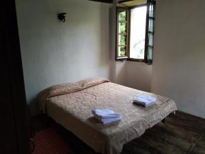 Ca' Rionda - Antica Casa Rurale في Osiglia: غرفة نوم بها سرير عليه منشفتان