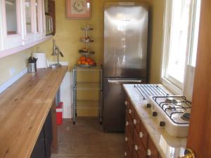 una cucina con piano cottura e frigorifero in acciaio inossidabile di Villa Roca a Estepona