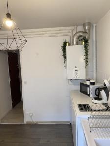 een keuken met witte muren en een fornuis bovenste oven bij Grand Studio avec loggia in Thorigny-sur-Marne +8 foto's