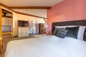 een slaapkamer met een groot bed en een televisie bij Les oiseaux in Louvemont +42 foto's