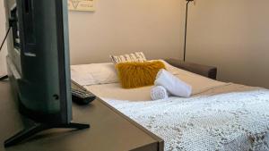 um quarto com uma cama, uma televisão e um controle remoto em Loft Serenitat Montana Park em Enveitg