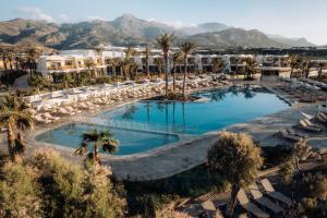 an aerial view of a resort pool with lounge chairs and palm trees at Ostria Resort & Spa in Ierápetra