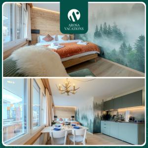 a bedroom with a bed and a kitchen with a table at 2 Design-Studios im Zentrum by Arosa Vacations in Arosa