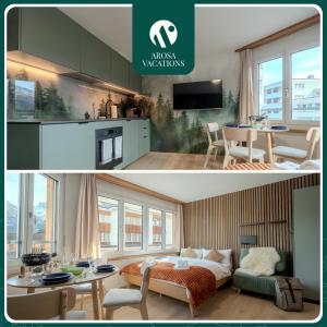 a kitchen and a living room with a table at 2 Design-Studios im Zentrum by Arosa Vacations in Arosa