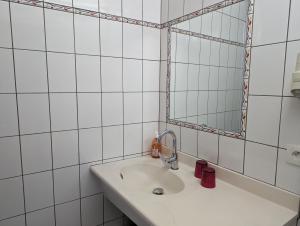 ein Badezimmer mit Waschbecken und Spiegel in der Unterkunft Largo in Bourbonne-les-Bains