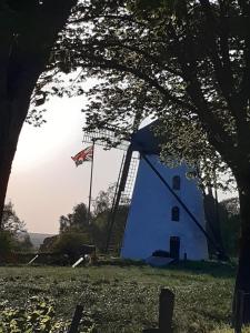 un mulino a vento blu con una bandiera in un campo di Pension Zur Mühle a Nettetal Altre 3 foto