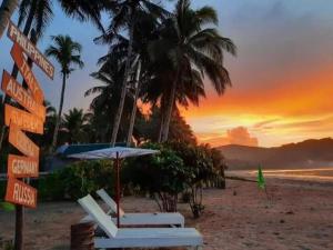 a beach with a bunch of signs and palm trees at Akoya Beachpark and Cottages in El Nido