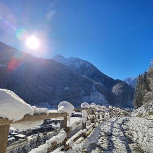 a road covered in snow next to a mountain at Alpenchalet Lengau in Dornauberg