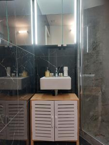 a bathroom with a sink and a shower at Beautiful small Apartment El silencio in Zürich