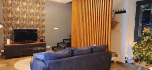 a living room with a blue couch and a christmas tree at Gîte Chez Nénene La Roche en Ardenne in La Roche-en-Ardenne +21 photos