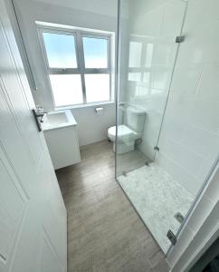 Blue Beach Haven في Cape Town: حمام مع مرحاض ودش زجاجي