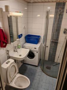 een badkamer met een toilet, een wastafel en een douche bij Laajavuoren majapaikka — Condo in Laajavuori in Jyväskylä