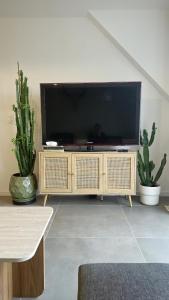 a living room with a flat screen tv on a entertainment center at Logement entier appartement Bischoffsheim in Bischoffsheim