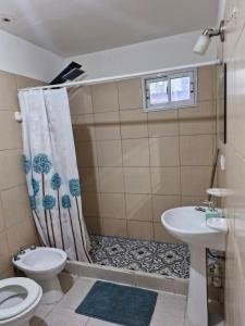 a bathroom with a toilet sink and a shower curtain at Casa centro in Tolhuin
