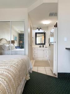 een slaapkamer met een bed en een badkamer met een wastafel bij Beach Access Elegant Studio near Top Attractions in Ortona