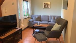 a living room with a blue couch and chairs at Ferienhaus Staben in Eggstedt