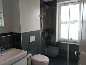 een badkamer met een douche, een toilet en een wastafel bij Seerose in Malchow +5 foto's