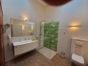 a bathroom with a sink and a shower with a mirror at Green Eagle Lodge in Lebbin +13 photos