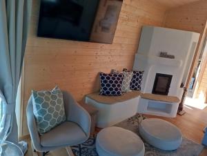 a living room with a couch and chairs and a fireplace at Tiny House "Wolke 7" in Göhren-Lebbin
