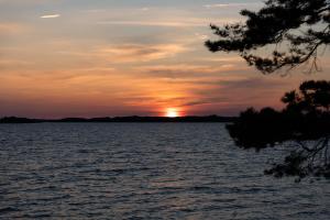 una puesta de sol sobre una gran masa de agua en Forest View Cottage, 