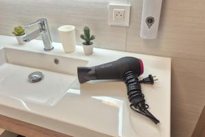 a blow dryer on a sink in a bathroom at Explorer, Proche Basel, Voyage, Style & Confort in Saint-Louis