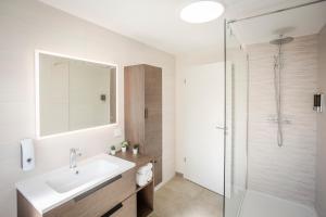 a bathroom with a sink and a shower at Explorer, Proche Basel, Voyage, Style & Confort in Saint-Louis +21 photos