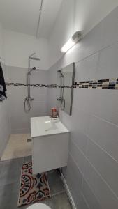 ein weißes Badezimmer mit Waschbecken und Dusche in der Unterkunft Osvalley Résidence in Basse-Terre