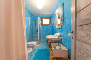 a blue bathroom with a sink and a toilet at Villa Molara Home - By Searly in Punta Molara +56 photos