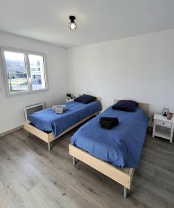 zwei Betten in einem Zimmer mit zwei Fenstern in der Unterkunft La Marceline, maison proche du village in Charavines