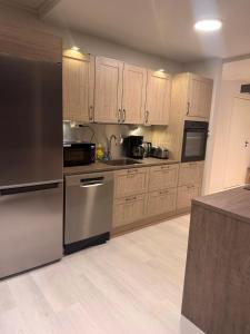 Una cocina con electrodomésticos de acero inoxidable y gabinetes de madera. en Elfs Retreat close to Santa Claus Village, en Rovaniemi