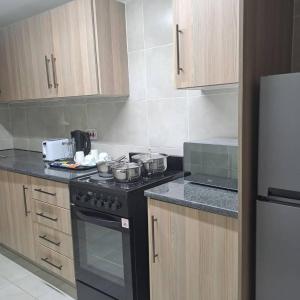 Villa Central في فرانسیستوون: مطبخ مع موقد عليه أواني ومقالي