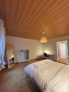 a bedroom with a bed and a wooden ceiling at Zurich Essentials Simple Apartment in Zurich