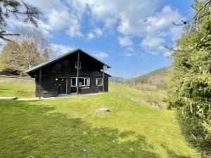 una piccola casa nera su una collina erbosa di Ferienhaus Lemmerwiese a Stryck
