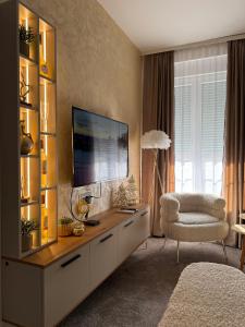 a living room with a entertainment center with a television at SpaNish FoROOM 1 in Niš