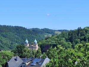 an old building with green domes in the trees at Les mésanges bleu in Malmedy