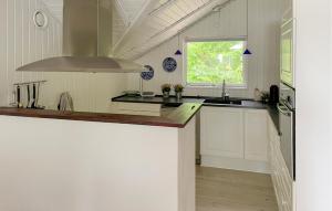 4 Bedroom Gorgeous Home In Tranekær في Stoense: مطبخ بخزائن بيضاء ومغسلة ونافذة