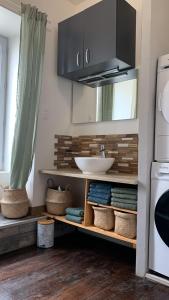bagno con lavandino e bancone con asciugamani di Spa Wifi Canal Plus a Rouillé