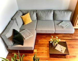 a gray couch in a living room with pillows at Wildwald Lodge in Döbrönte