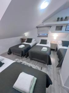 a room with three beds and a couch in it at Apartamenty Pokoje Willa Bielany in Warsaw