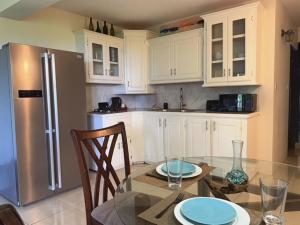 Una cocina con una mesa de cristal y un frigorífico. en Apartment Ellie, en Castries 6 fotos más