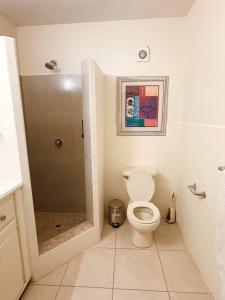 un baño con inodoro y ducha en Apartment Ellie, en Castries