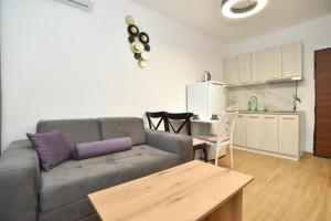 a living room with a couch and a table and a kitchen at Apartmani Resna Budva in Budva