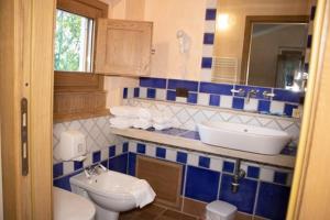 a blue and white bathroom with a sink and a toilet at Agriturismo Paradiso di Barchi in Lido Di Fondi