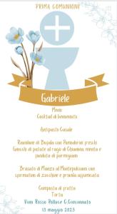 a communion invitation with flowers and a cross at Agriturismo Paradiso di Barchi in Lido Di Fondi