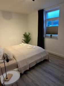 Ferienwohnung WohlfühlRaum في ليختنشتاين: غرفة نوم بسرير كبير ونافذة