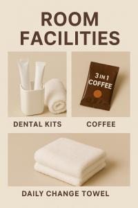 un collage di quattro immagini di asciugamani e una scatola di The Quartz Residence - Melaka a Malacca