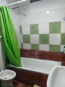 a bathroom with a green shower curtain and a bath tub at Cabaña Catelmo in Colalao del Valle +9 photos