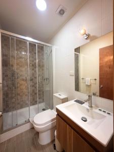 a bathroom with a toilet and a shower and a sink at Cabañas Anahuac II in Puerto Montt +71 photos