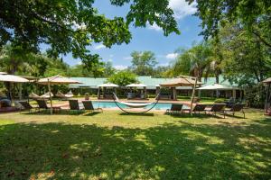 uma piscina com cadeiras e guarda-sóis em Perry's Bridge Hollow Boutique Hotel em Hazyview